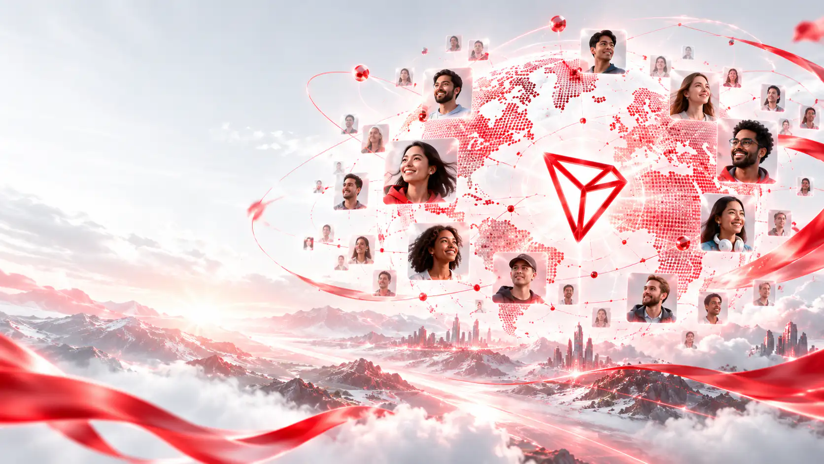 A TRON globe surrounded by portraits of global community members