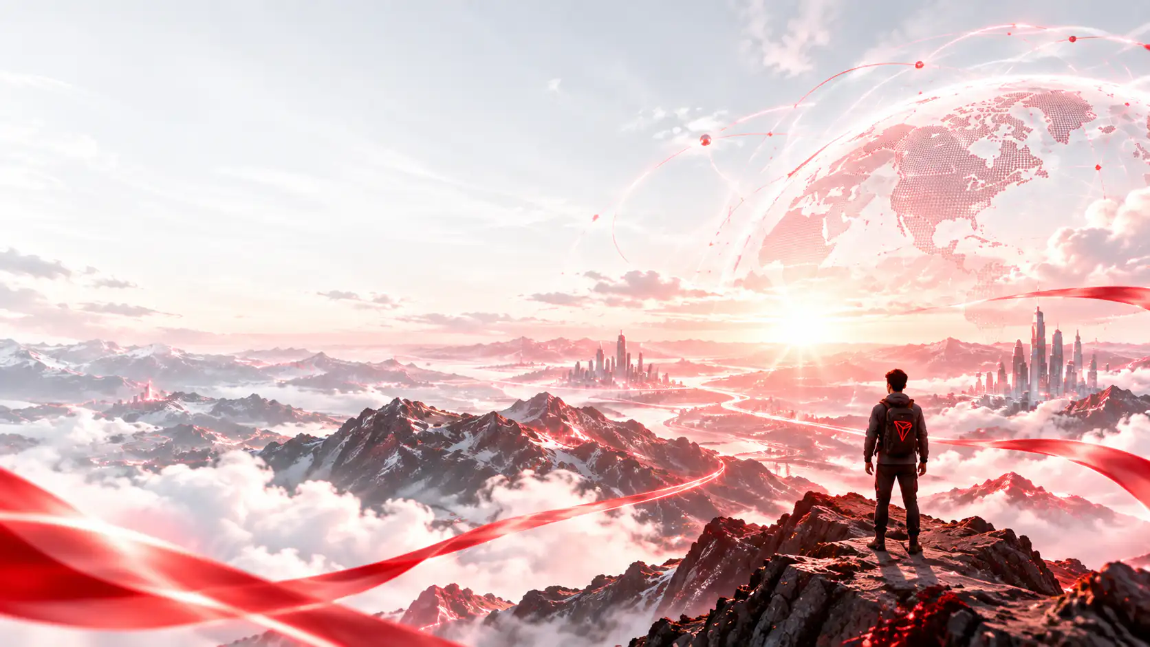 A backpacker on a red mountain overlooking Earth and future cities
